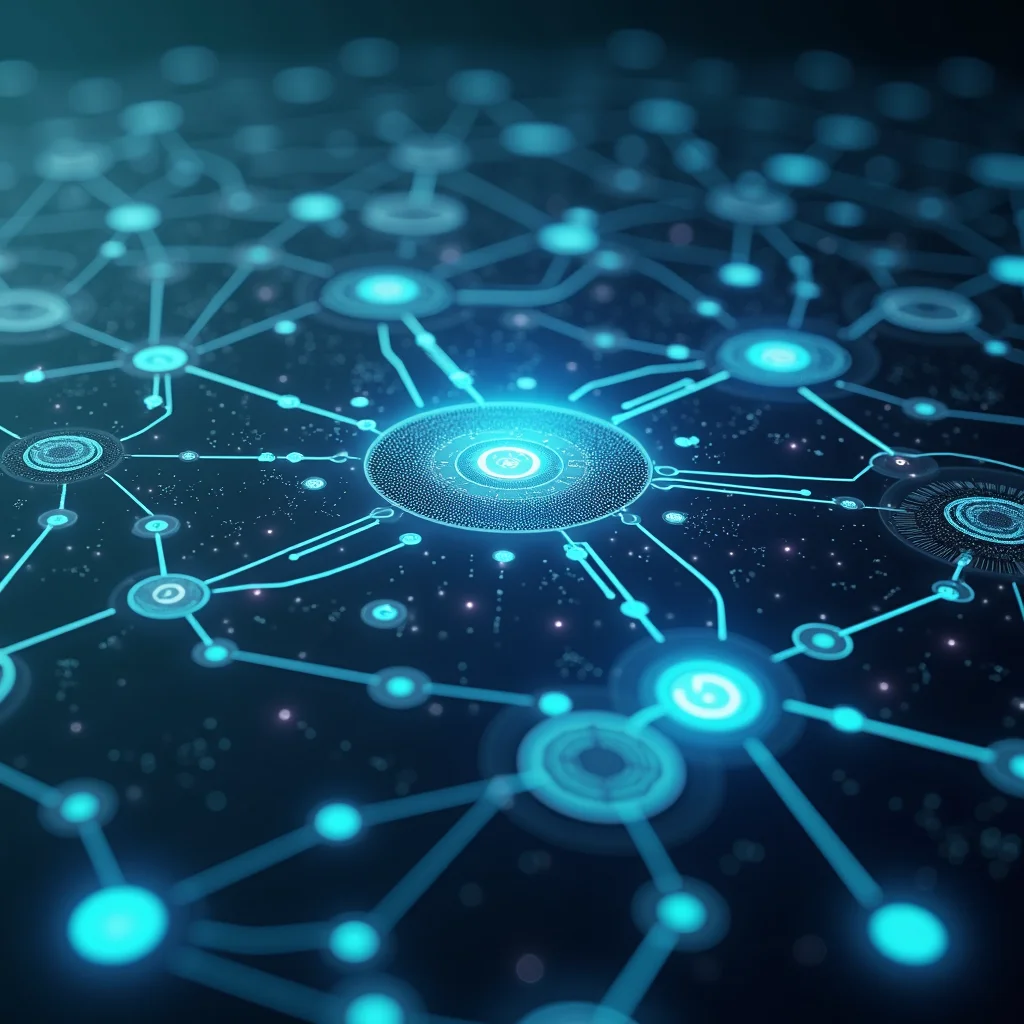 Conceptual visualization of AI agents managing complex business processes within a modern enterprise infrastructure.