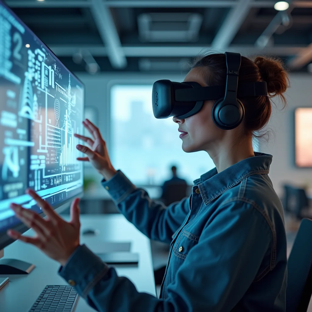 A person wearing the Apple Vision Pro headset interacting with holographic interfaces.