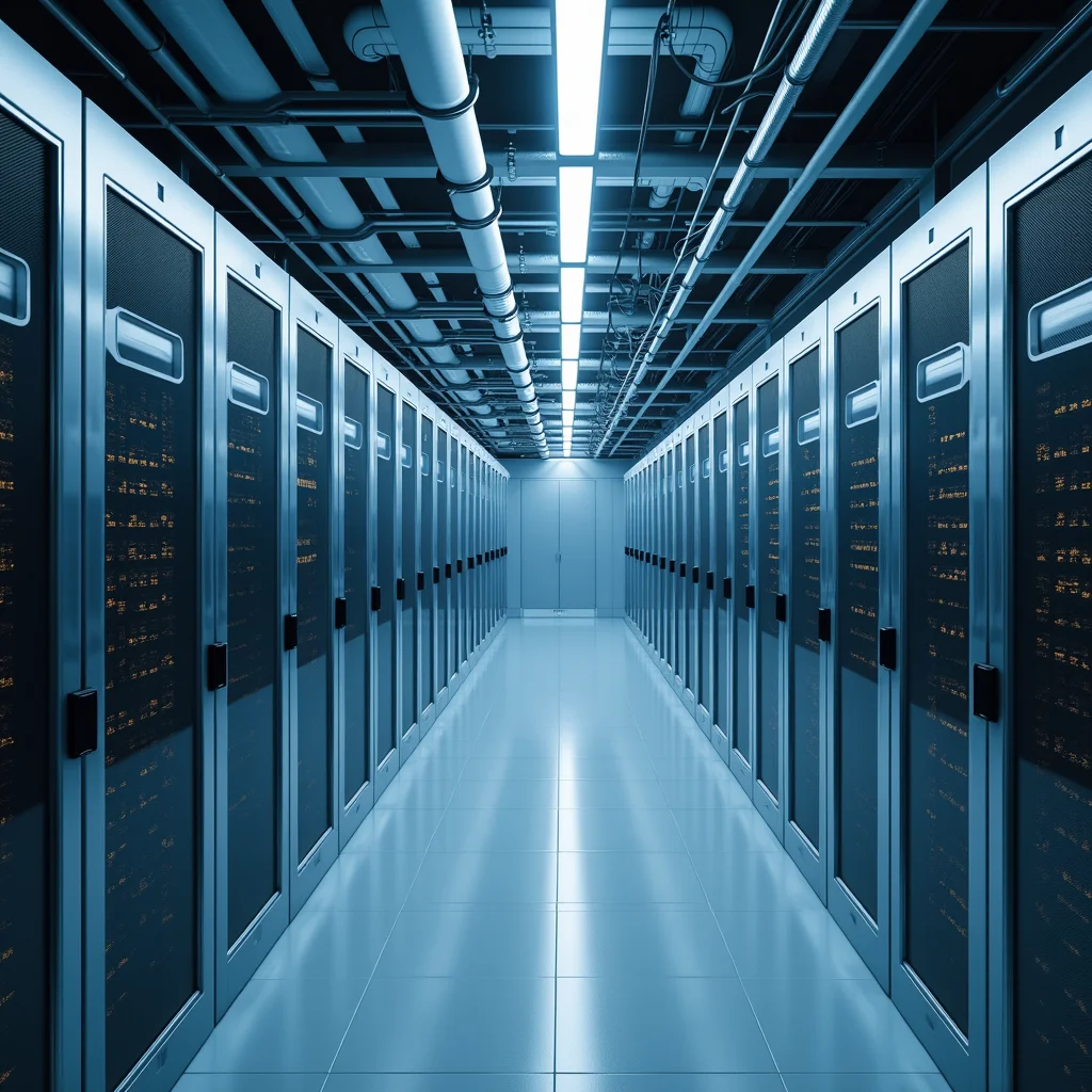 Conceptual visualization of a modular, liquid-cooled data center designed for high-density AI compute.
