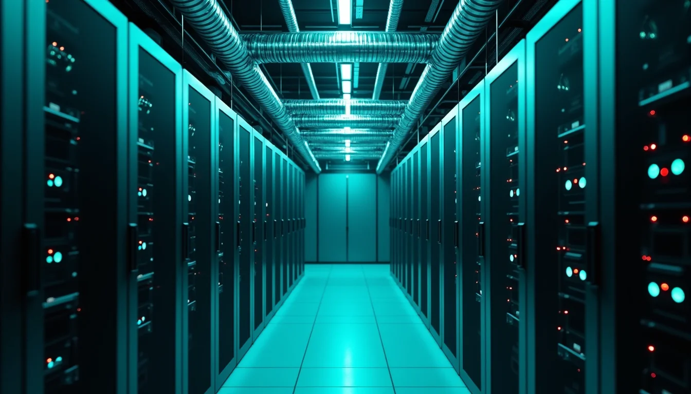 Conceptual visualization of liquid cooling systems in a modern data center.