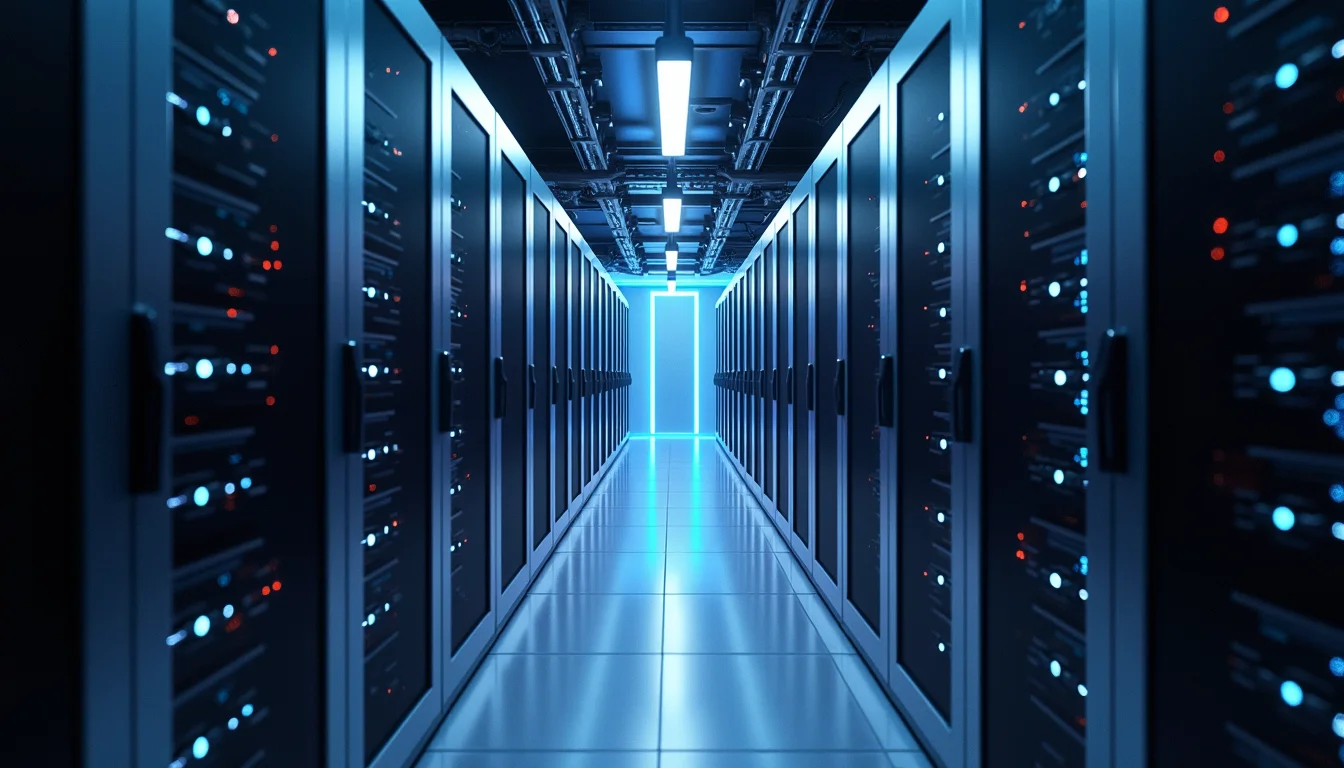 Conceptual view of a liquid-cooled data center rack, showing heat transfer efficiency.
