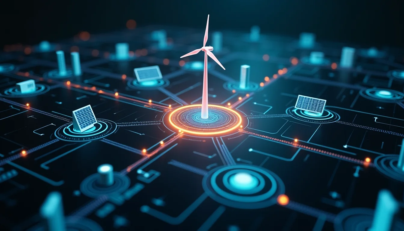 Conceptual visualization of a decentralized smart grid powered by multiple sources.
