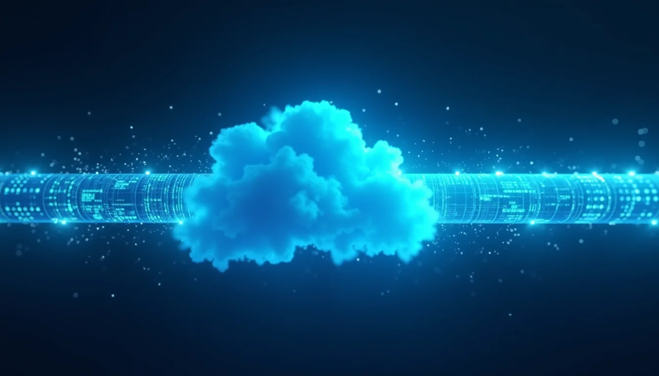 Conceptual visualization of massive data flow and AI compute scaling in the cloud.