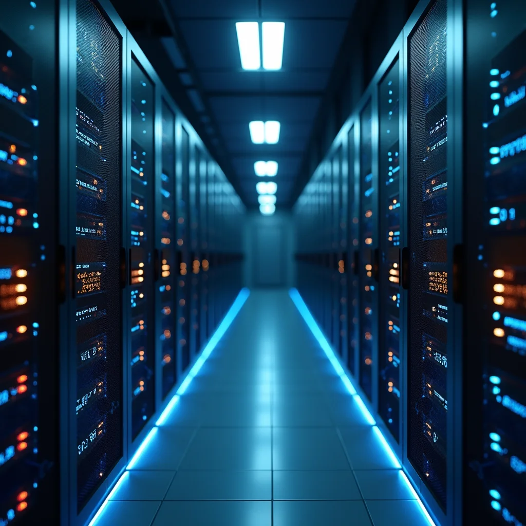 A futuristic data center showing specialized MLOps infrastructure managing AI pipelines.