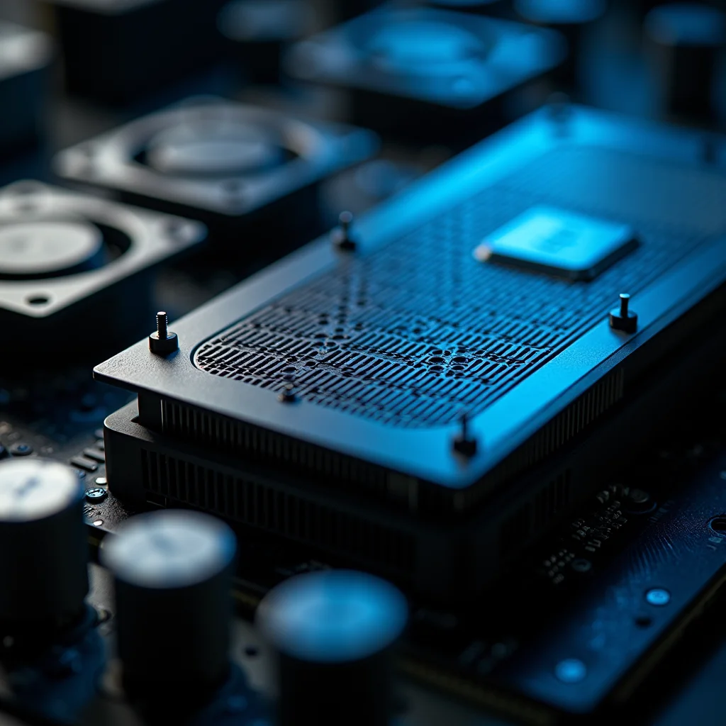 Close-up of a Direct-to-Chip liquid cooling manifold attached to a modern GPU server.