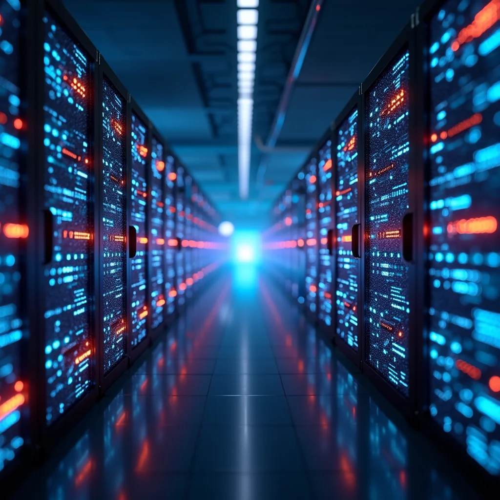 A secure, futuristic data center showing AI-driven threat detection.