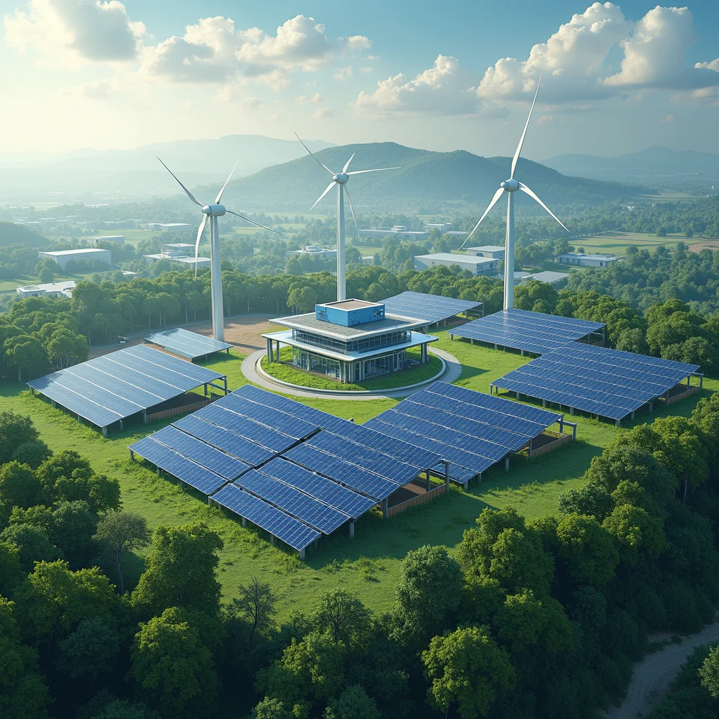 A futuristic data center facility integrating renewable energy sources and advanced power management systems.