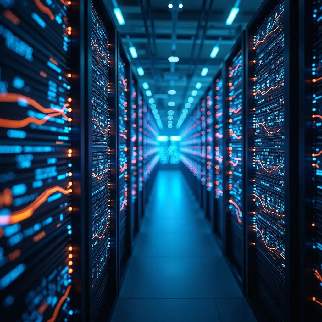 A futuristic data center showing AI models optimizing business processes