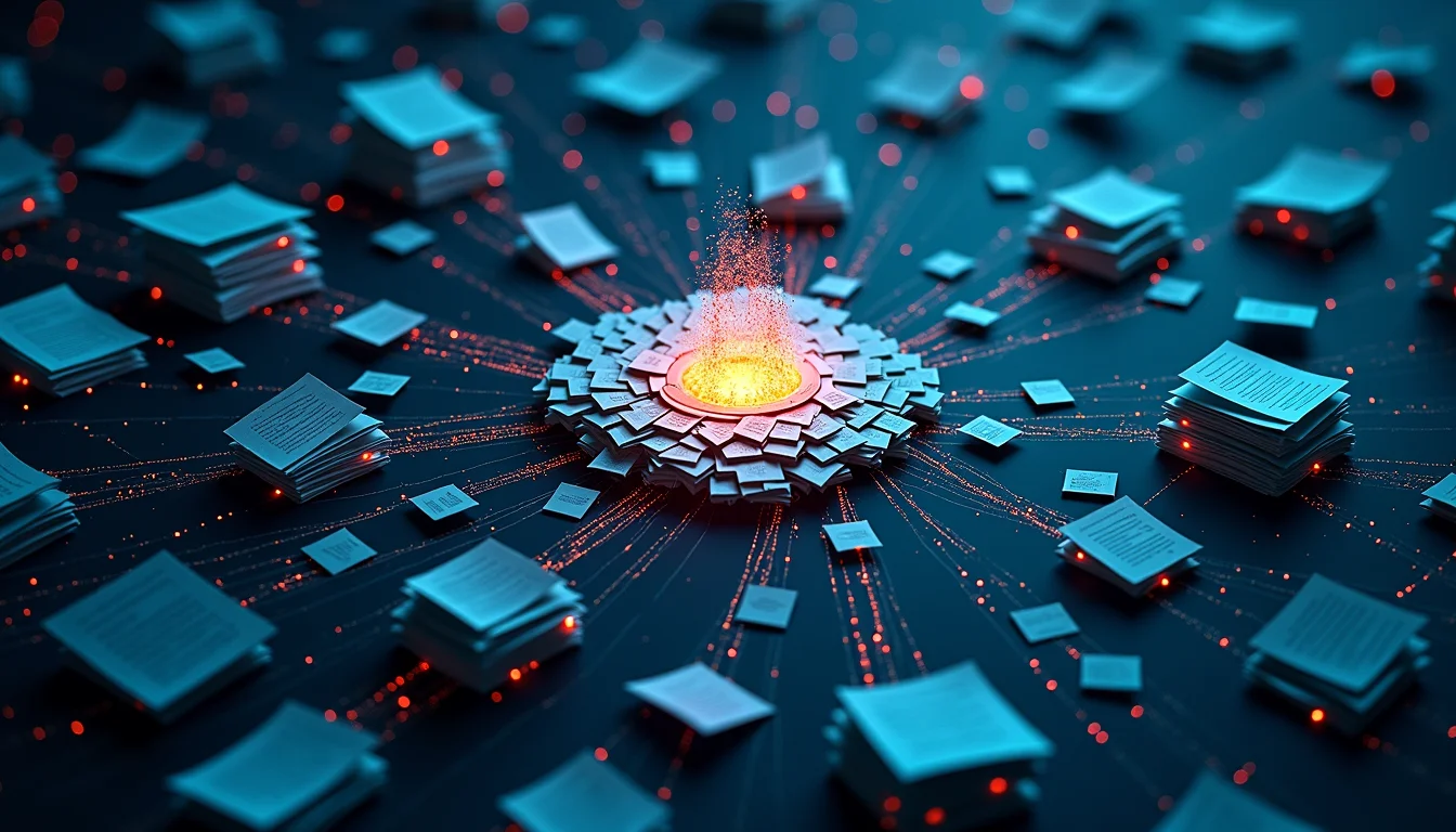 A complex network diagram showing data flow from raw logs to actionable insights.