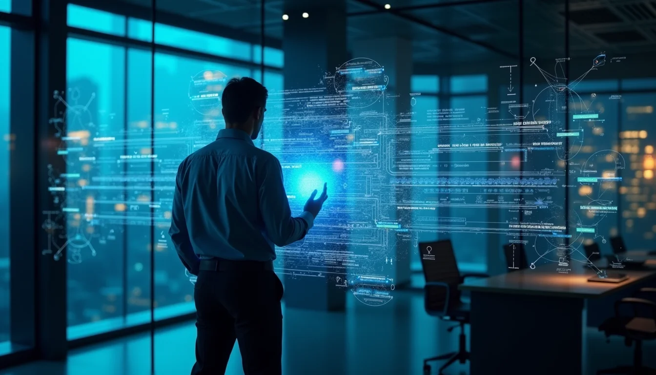 A data architect reviewing complex data flow diagrams on a futuristic holographic interface.
