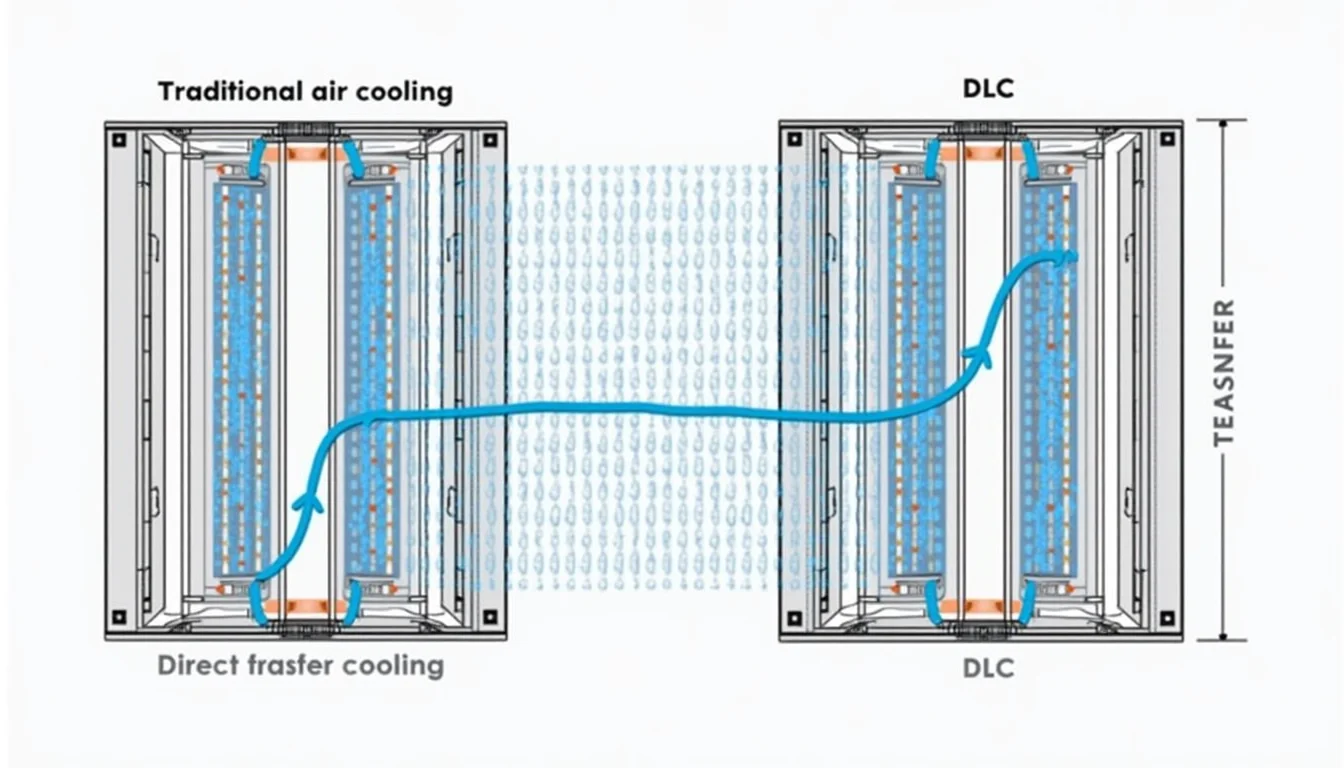 Close-up of specialized liquid cooling hardware managing high-density server racks.