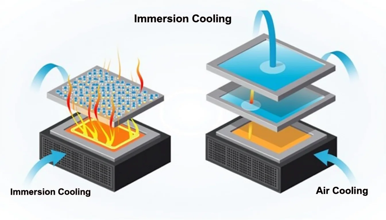 Comparison diagram illustrating the superior heat management of immersion cooling versus air cooling.