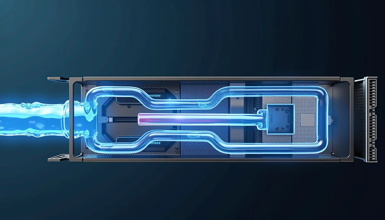 Close-up shot of liquid cooling manifold connecting to server racks