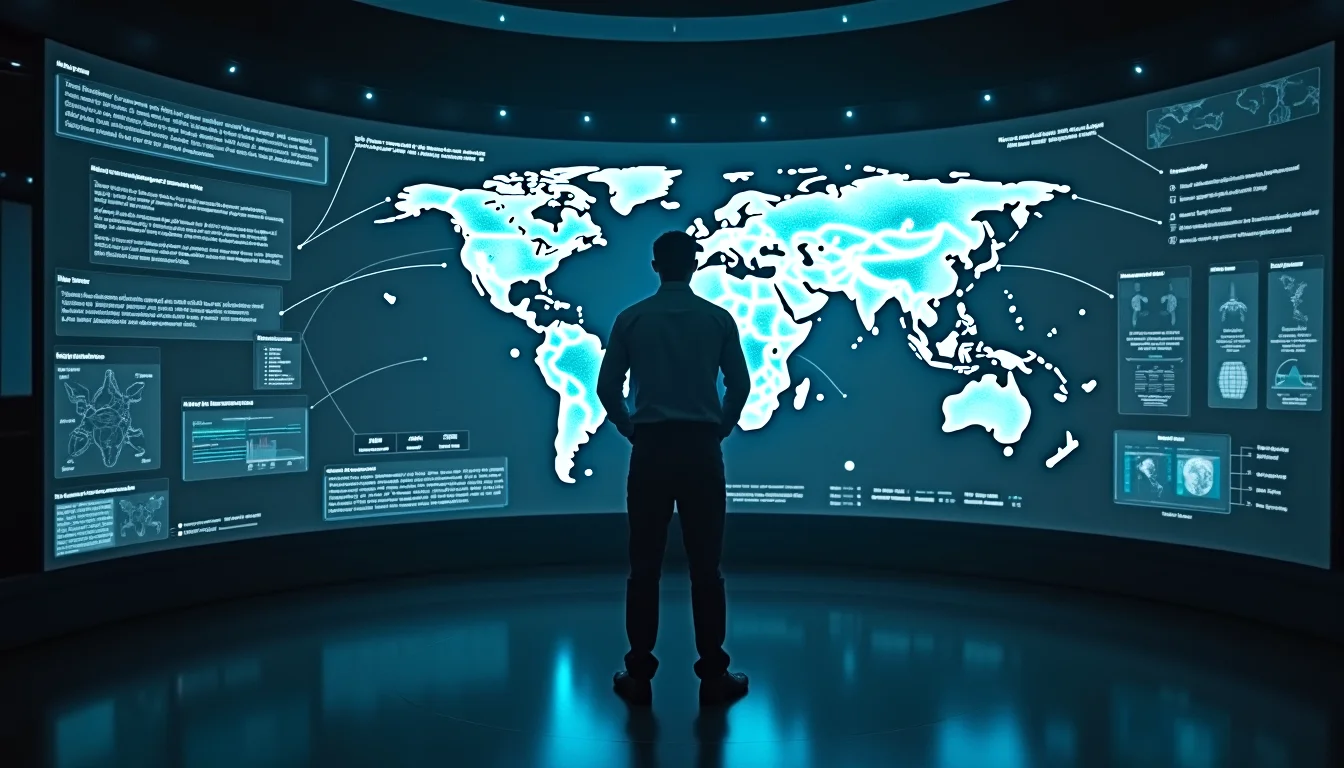 Architect reviewing complex digital blueprints on a holographic display.