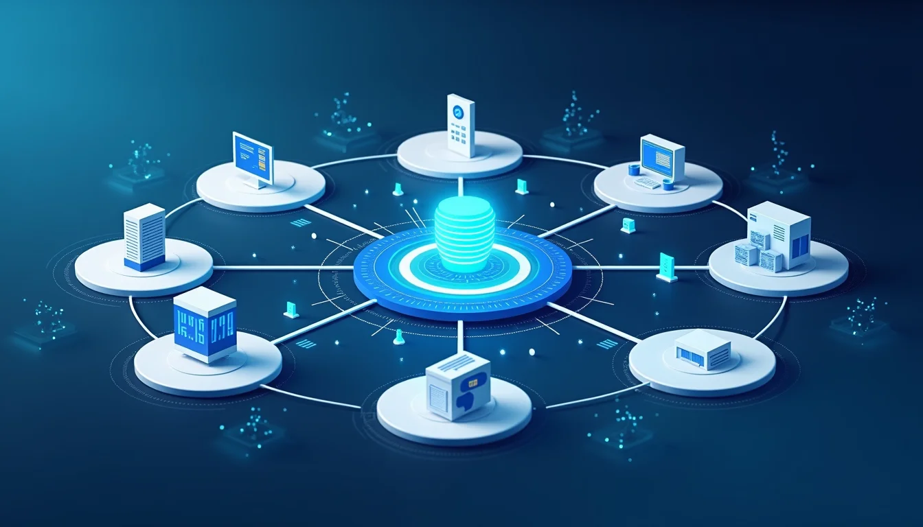 A modern, abstract representation of data flowing through multiple interconnected APIs.