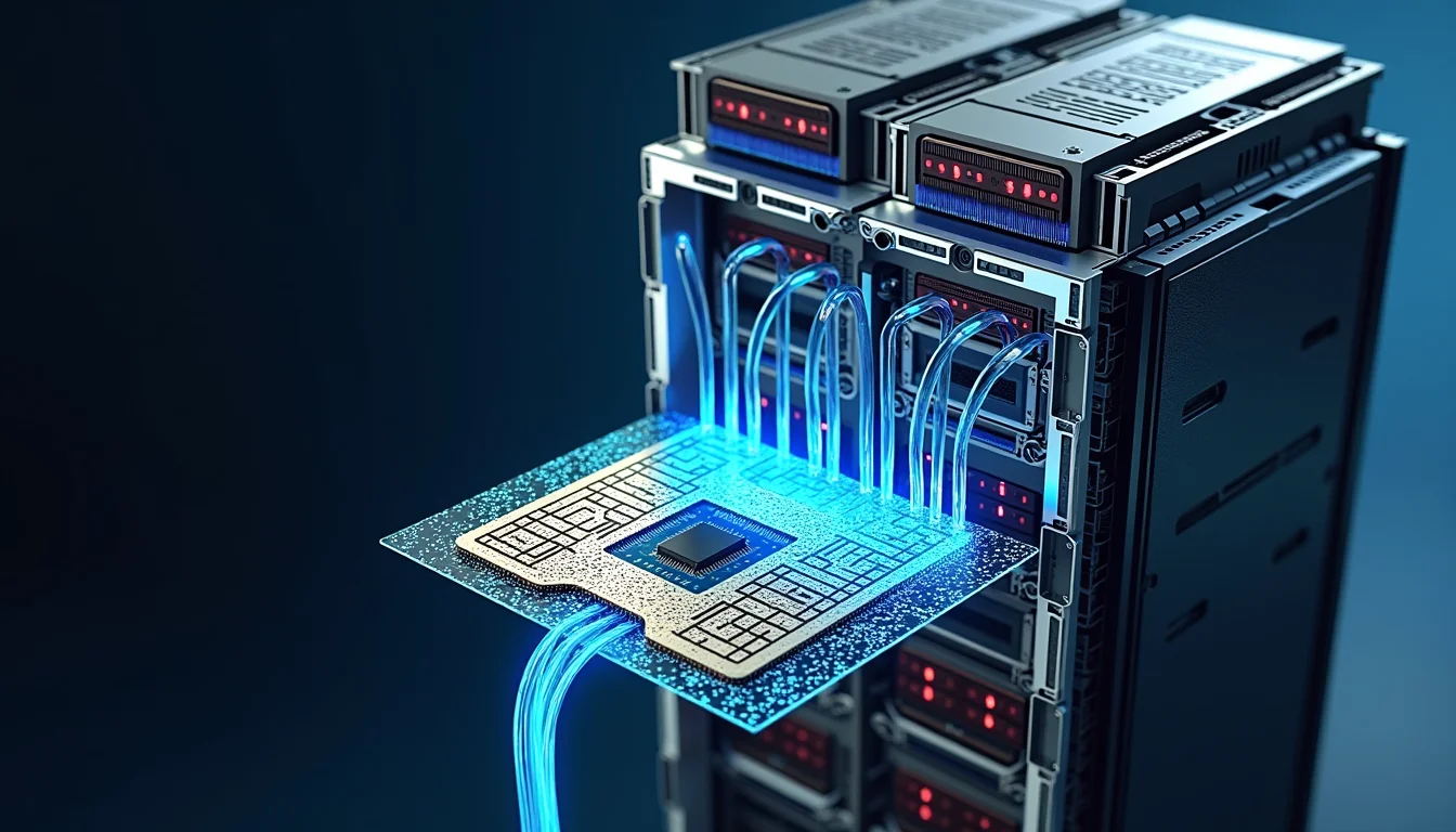 Close-up of advanced liquid cooling manifold connecting to an AI accelerator chip.
